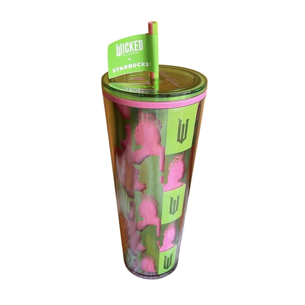 STARBUCKS WICKED Pink Green Face Unlimited Cold Cup Glinda‎ Elphaba Checked